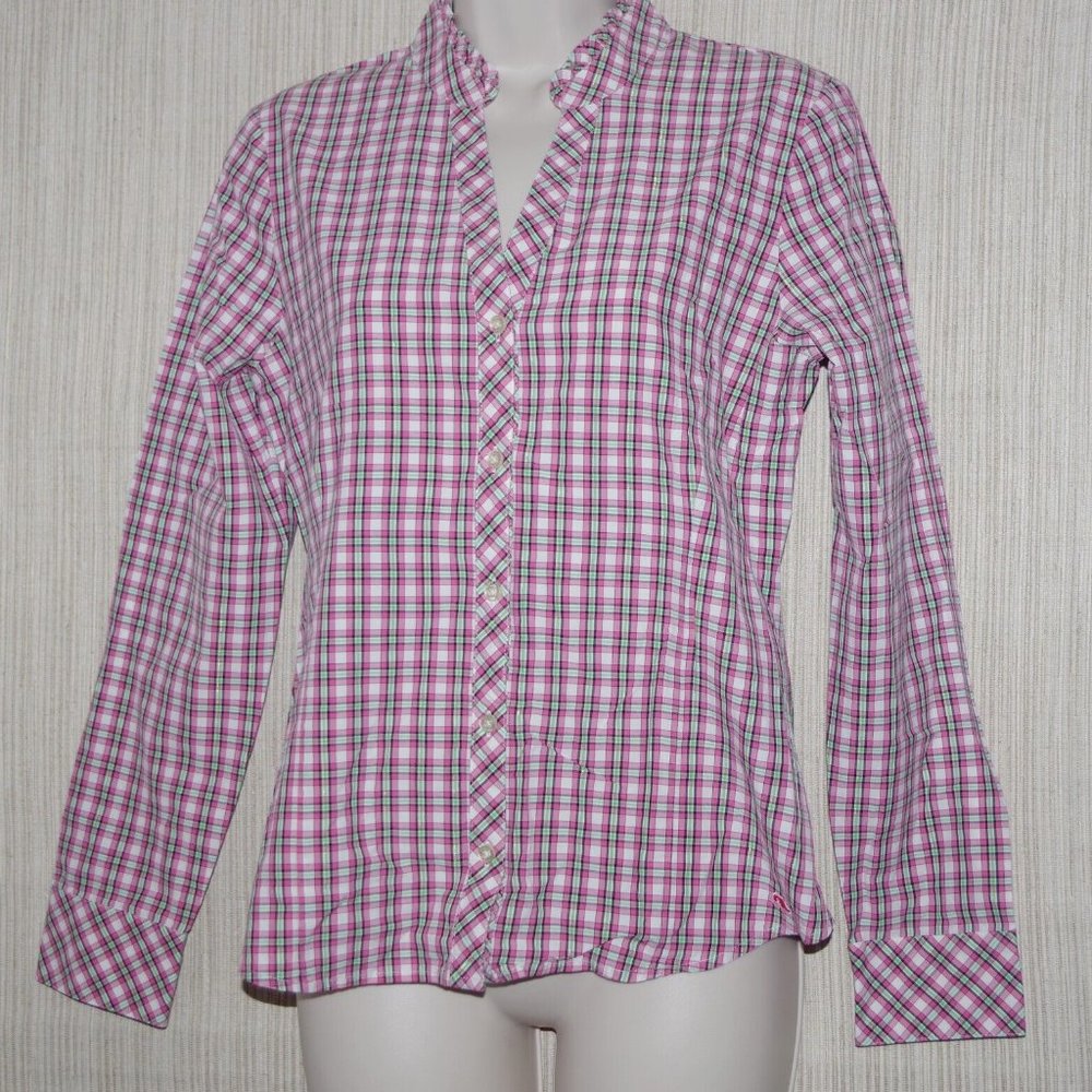 vineyard vines pink metallic checked ruffle v neck long sleeve shirt Size:4